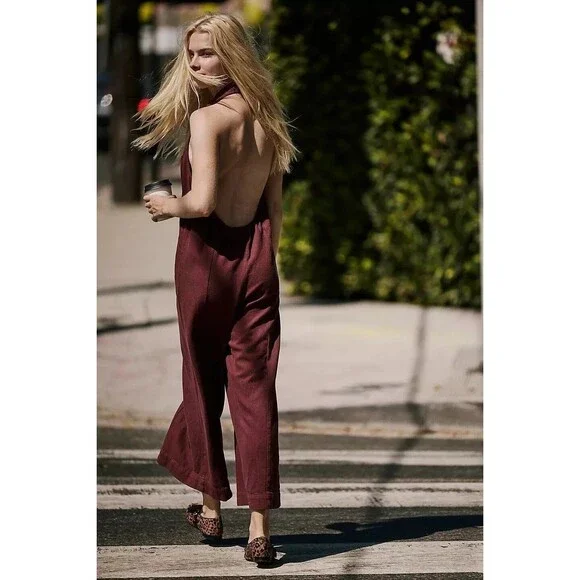 Free People Free-Est Harper Jumpsuit Halter Cotton One-Piece Wide Leg M 278690
